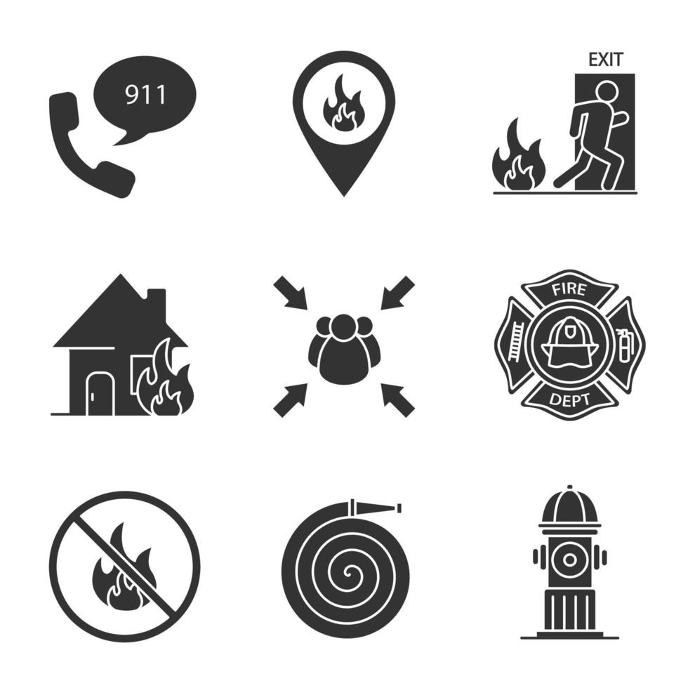 Firefighting glyph icons set. Emergency call, fire location, evacuation, burning house, assembly point, bonfire prohibition, badge, hydrant, hose. Silhouette symbols. Vector isolated illustration