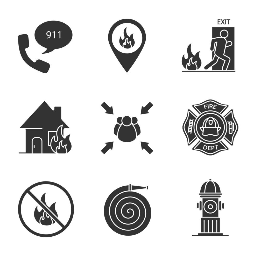 Firefighting glyph icons set. Emergency call, fire location, evacuation, burning house, assembly point, bonfire prohibition, badge, hydrant, hose. Silhouette symbols. Vector isolated illustration