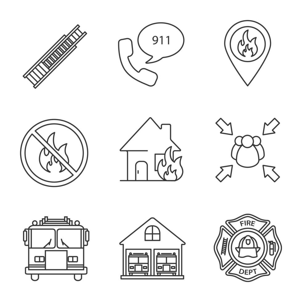 Firefighting linear icons set. Double extension ladder, emergency call, burning house, assembly point, firefighter badge, fire location. Thin line contour symbols. Isolated vector outline illustration