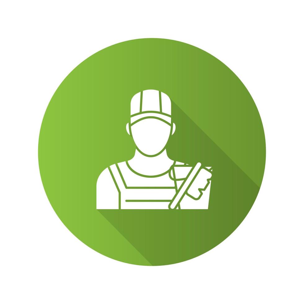 Cleaner flat design long shadow glyph icon. Janitor, sweeper. Profession. Vector silhouette illustration