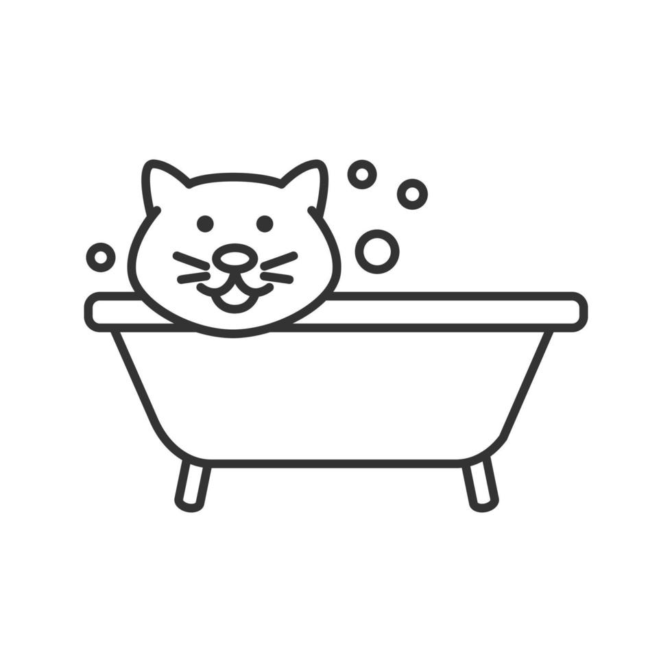 Bathing cat linear icon. Grooming service. Thin line illustration. Pets hygiene. Contour symbol. Vector isolated outline drawing