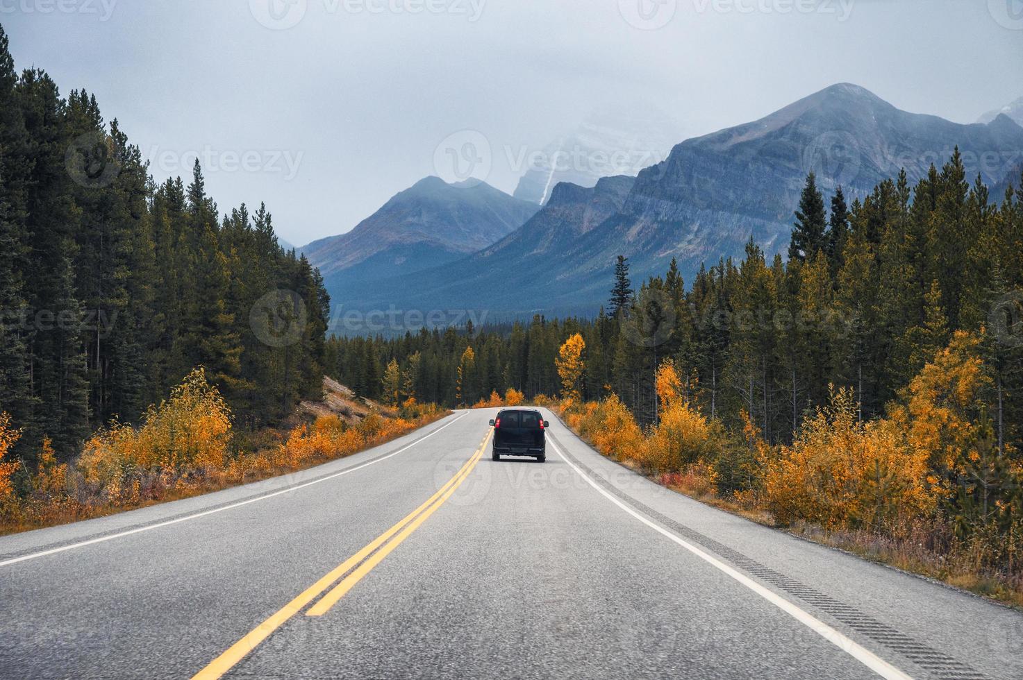 viaje panorámico por carretera con montaña rocosa y coche trasero en el bosque de otoño en el parque nacional de banff foto