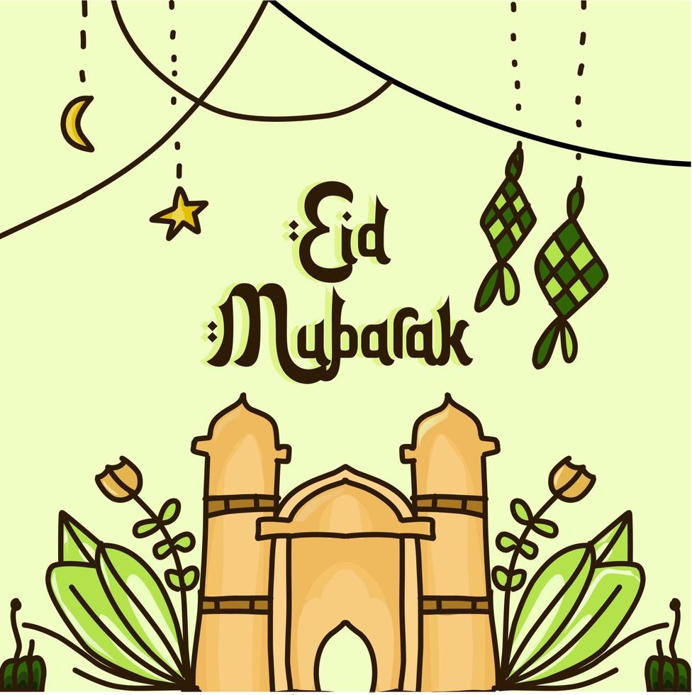Eid Al Fitr mubarak, hand painted in pastel colors. doodle style. Horizontal poster, greeting card vector