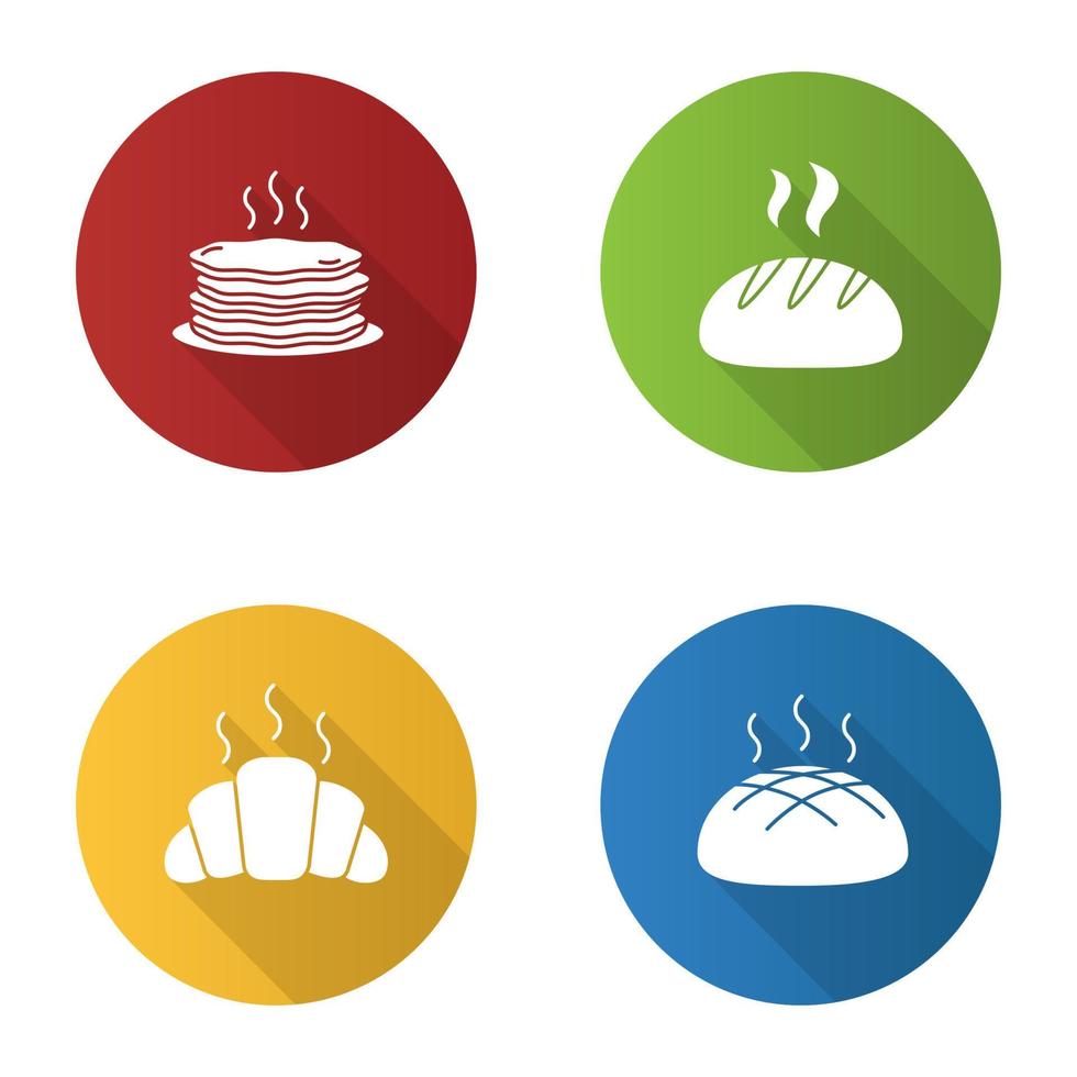 Bakery flat design long shadow glyph icons set. Pancakes stack, round bread loaf, croissant, rye bread. Vector silhouette illustration