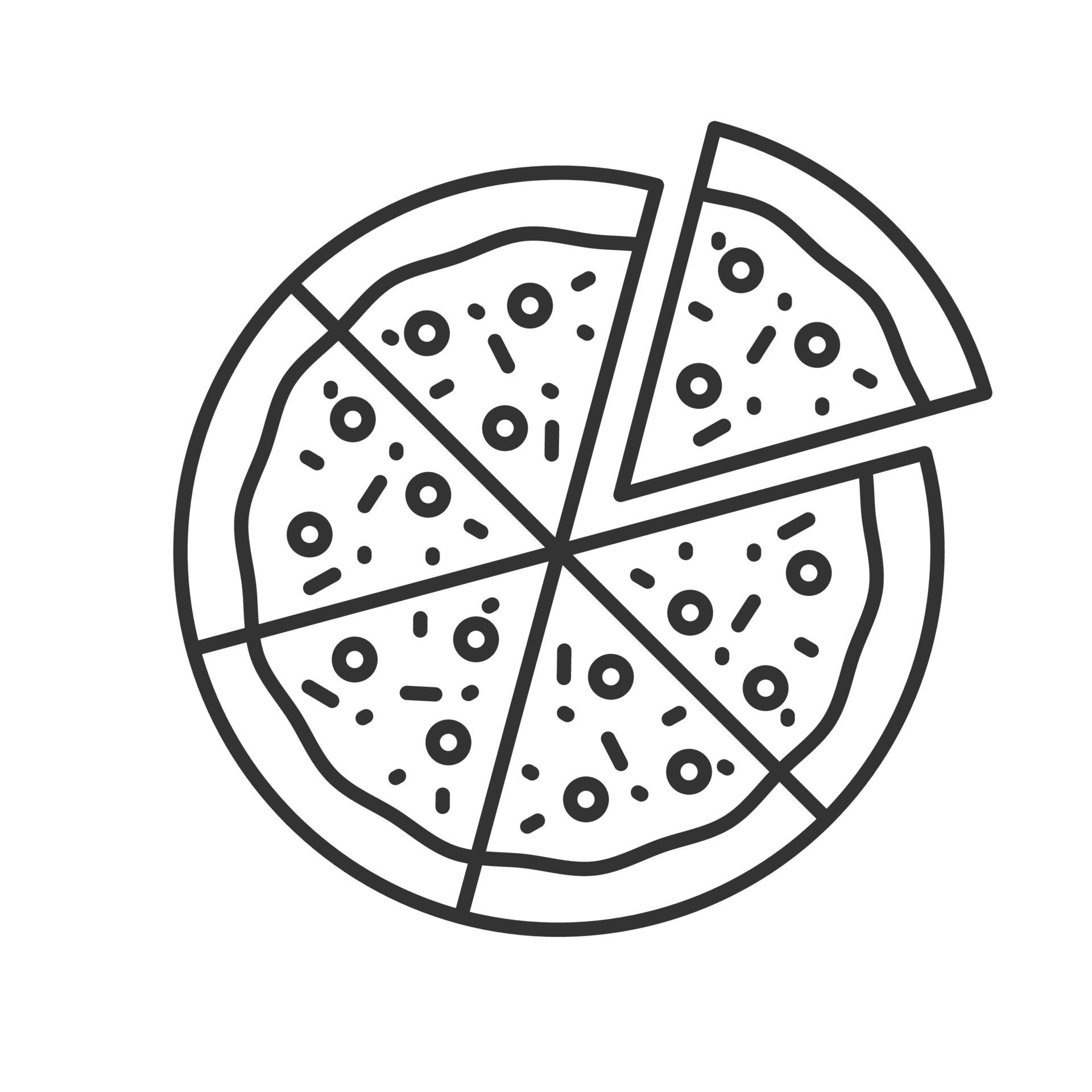 Pizza with one slice separated linear icon. Thin line illustration