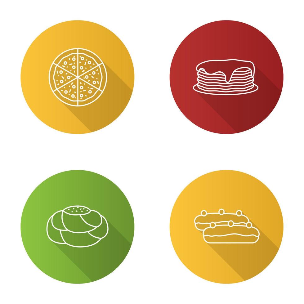 Bakery flat linear long shadow icons set. Pizza, pancakes stack, pastry bread, eclair. Vector outline illustration