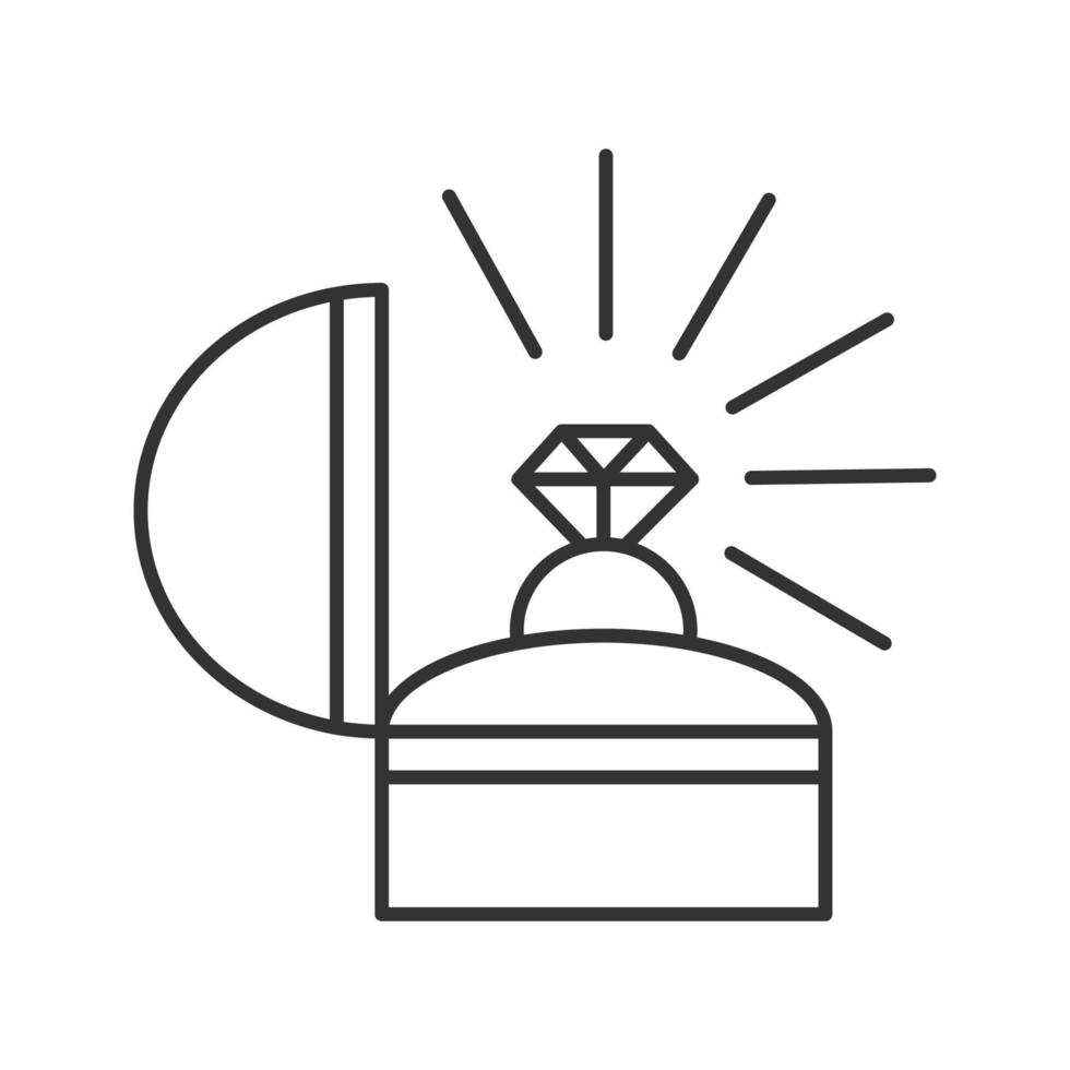 Marriage proposal linear icon. Wedding ring in box. Thin line illustration. Engagement. Contour symbol. Vector isolated outline drawing