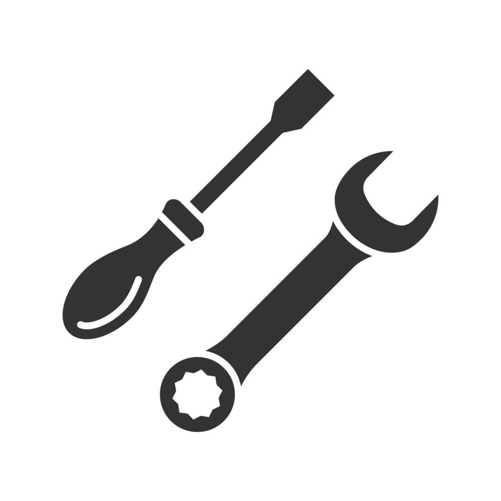 Screwdriver and spanner glyph icon. Repair service. Auto workshop. Silhouette symbol. Negative space. Vector isolated illustration
