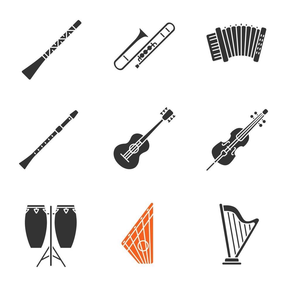 Musical instruments glyph icons set. Didgeridoo, trombone, accordion, flute, guitar, violoncello, conga, gusli, harp. Silhouette symbols. Vector isolated illustration