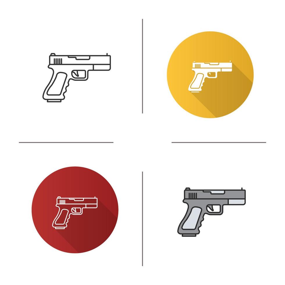 Gun, pistol icon. Flat design, linear and color styles. Firearm. Isolated vector illustrations