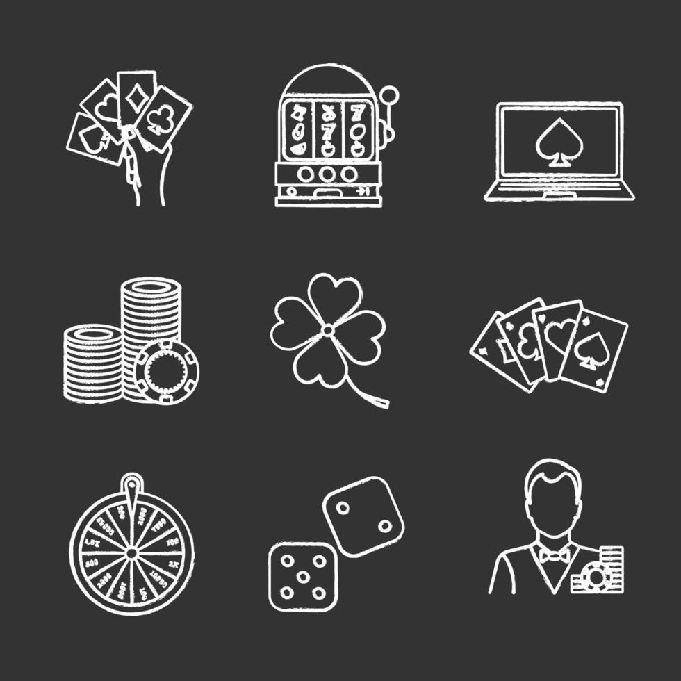 Casino chalk icons set. Four aces, slot machine, online casino, dice, croupier, wheel of fortune, gambling chip, four leaf clover. Isolated vector chalkboard illustrations