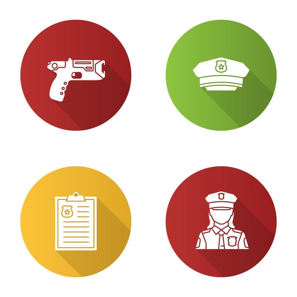 Police flat design long shadow glyph icons set. Taser, hat, police report, policewoman. Vector silhouette illustration