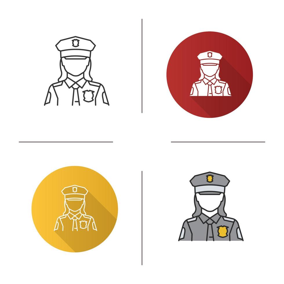 icono de mujer policía. Oficial de policía. policía. Diseño plano, estilos lineales y de color. ilustraciones de vectores aislados