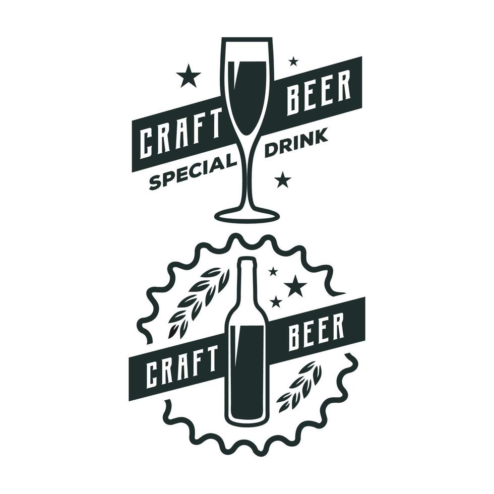 craft beer pub, brewery, bar logo design with bottle and sunrburst silhouette. Vector label, emblem, typography.