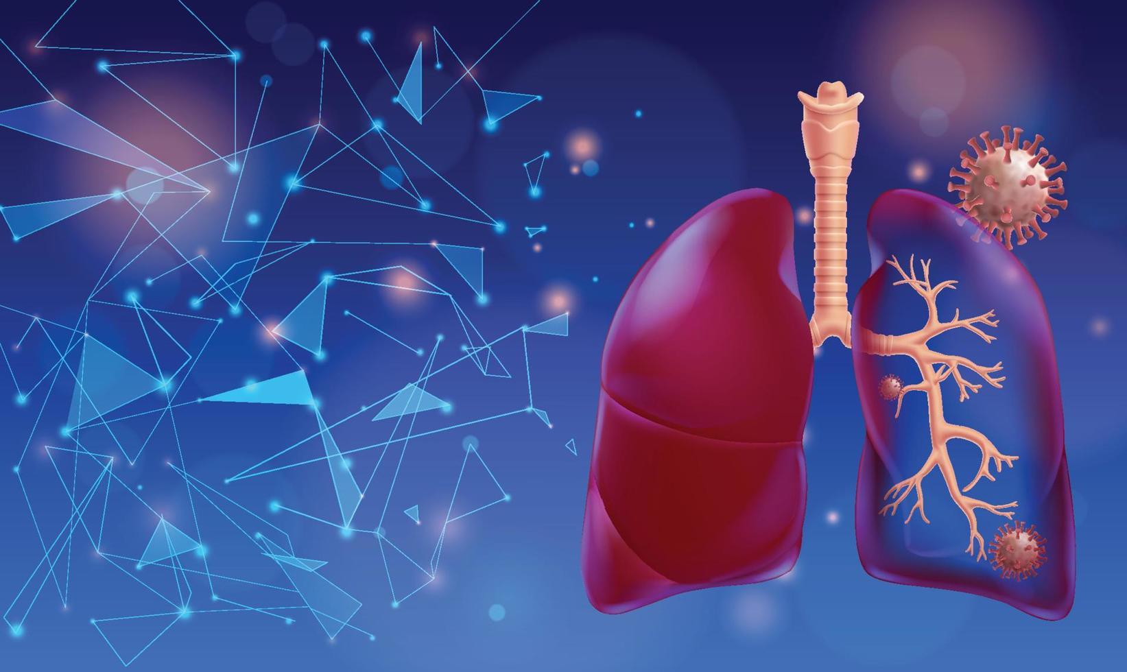 Ilustración 3d de pulmones humanos parcialmente translúcidos para resaltar las ramas del sistema respiratorio dentro de los pulmones con células de coronavirus pulmonar, con un fondo tecnológico moderno. vector