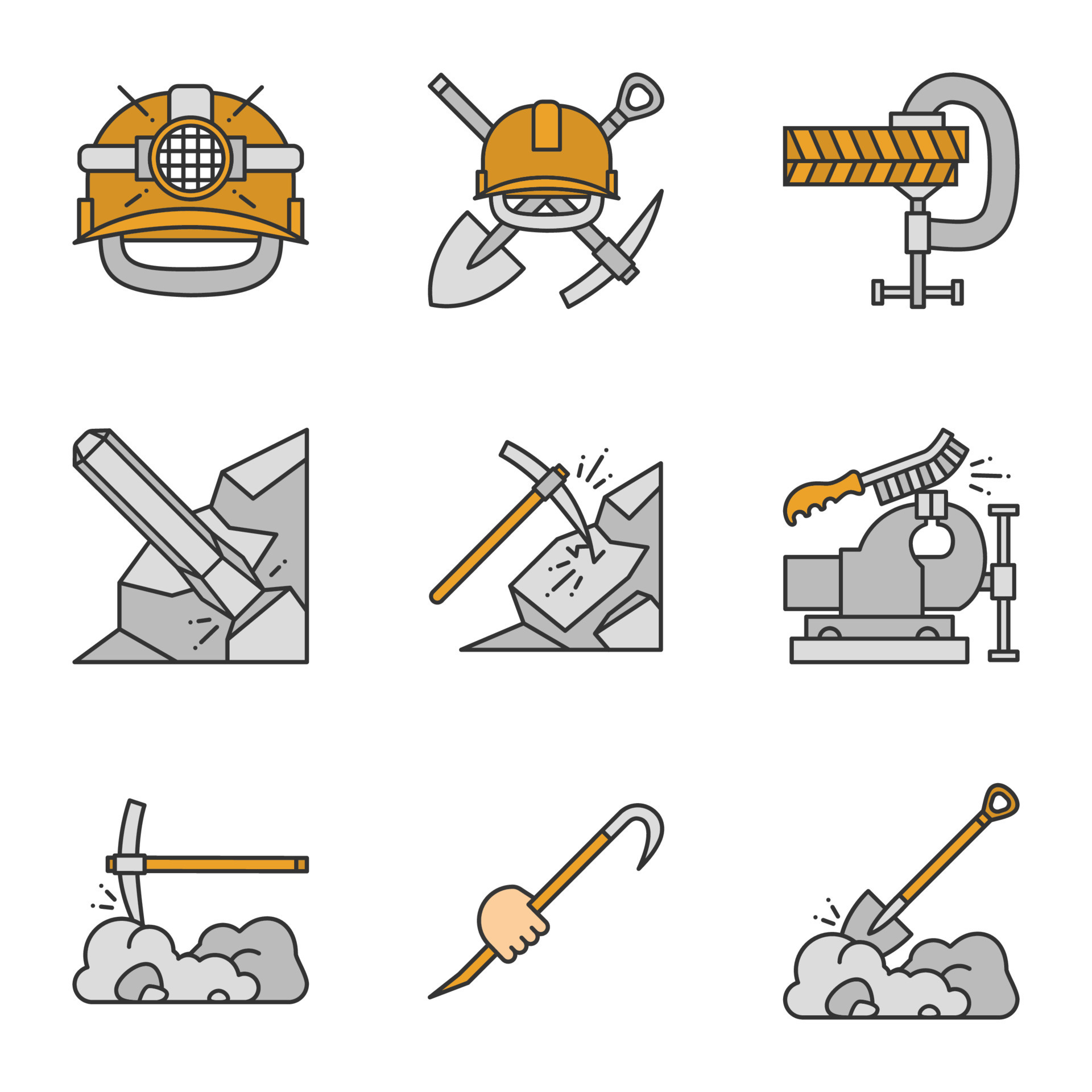 Construction tools color icons set. Safety helmet, mining emblem, screw