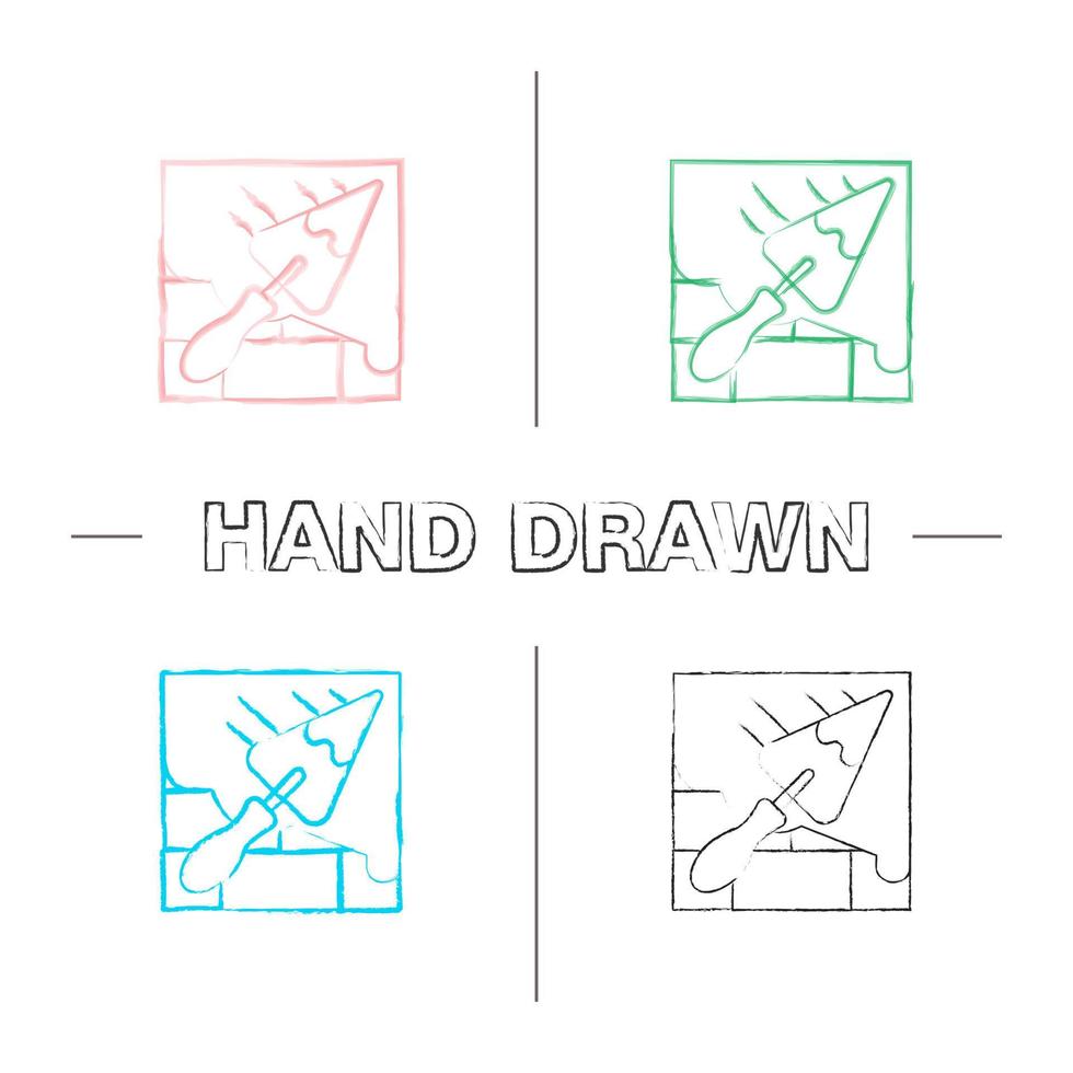 Brick wall with triangular shovel hand drawn icons set. Putty knife, spatula. Cement solution. Color brush stroke. Isolated vector sketchy illustrations