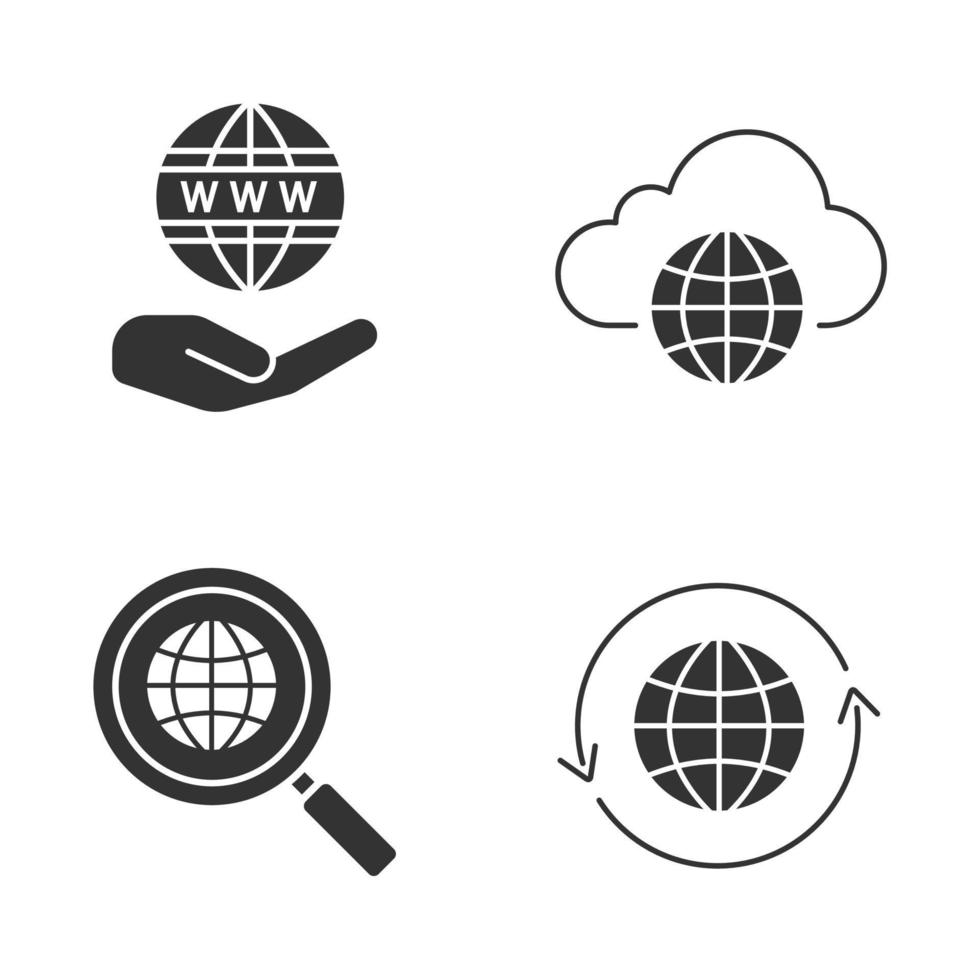 Worldwide glyph icons set. Silhouette symbols. Safe internet connection, cloud storage, global search, globe with round arrow. Vector isolated illustration