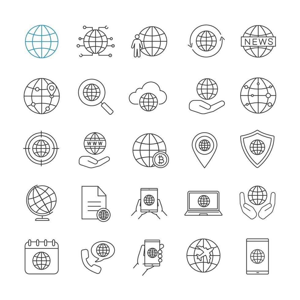 Worldwide linear icons set. Internet connection, international routes, world maps and globes. Thin line contour symbols. Isolated vector outline illustrations. Editable stroke