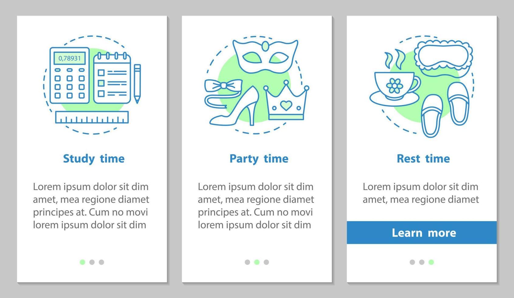 Study, party and rest time onboarding mobile app page screen with linear concepts. Daily student schedule steps graphic instructions. UX, UI, GUI vector template with illustrations