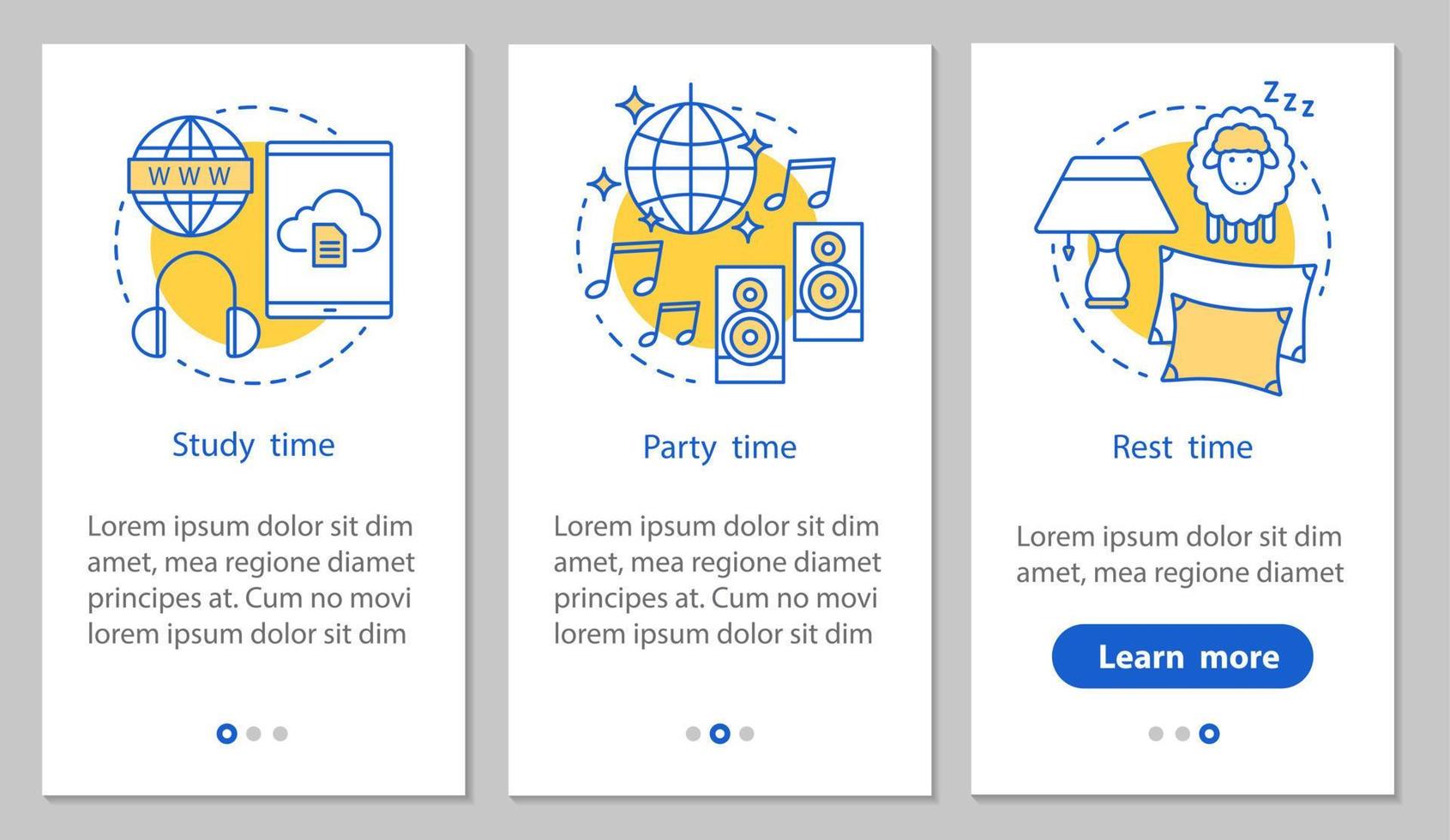 Study, party and rest time onboarding mobile app page screen with linear concepts. Daily student schedule steps graphic instructions. UX, UI, GUI vector template with illustrations