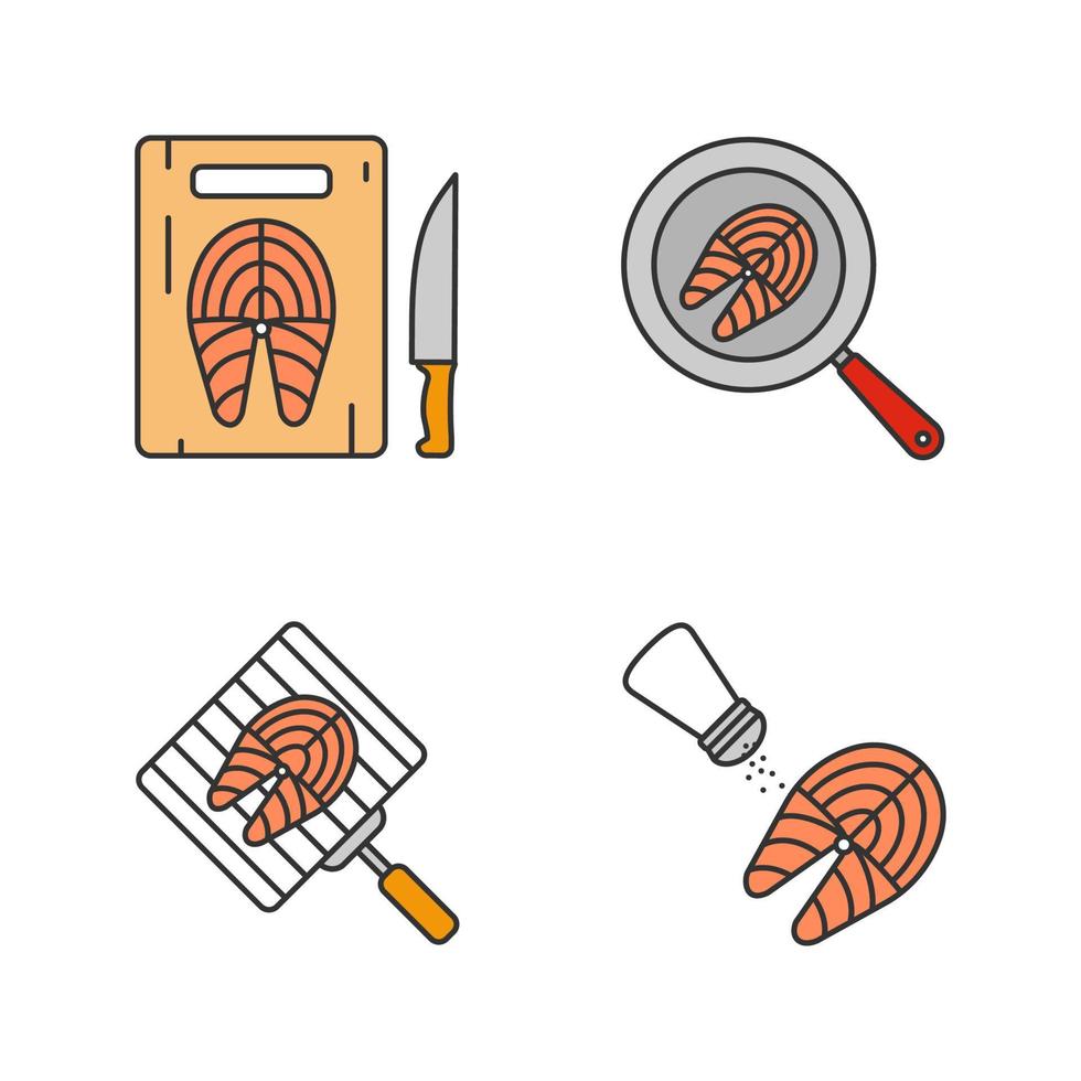 Fish preparation color icons set. Cutting, frying, grilling, salting fish steaks. Isolated vector illustrations
