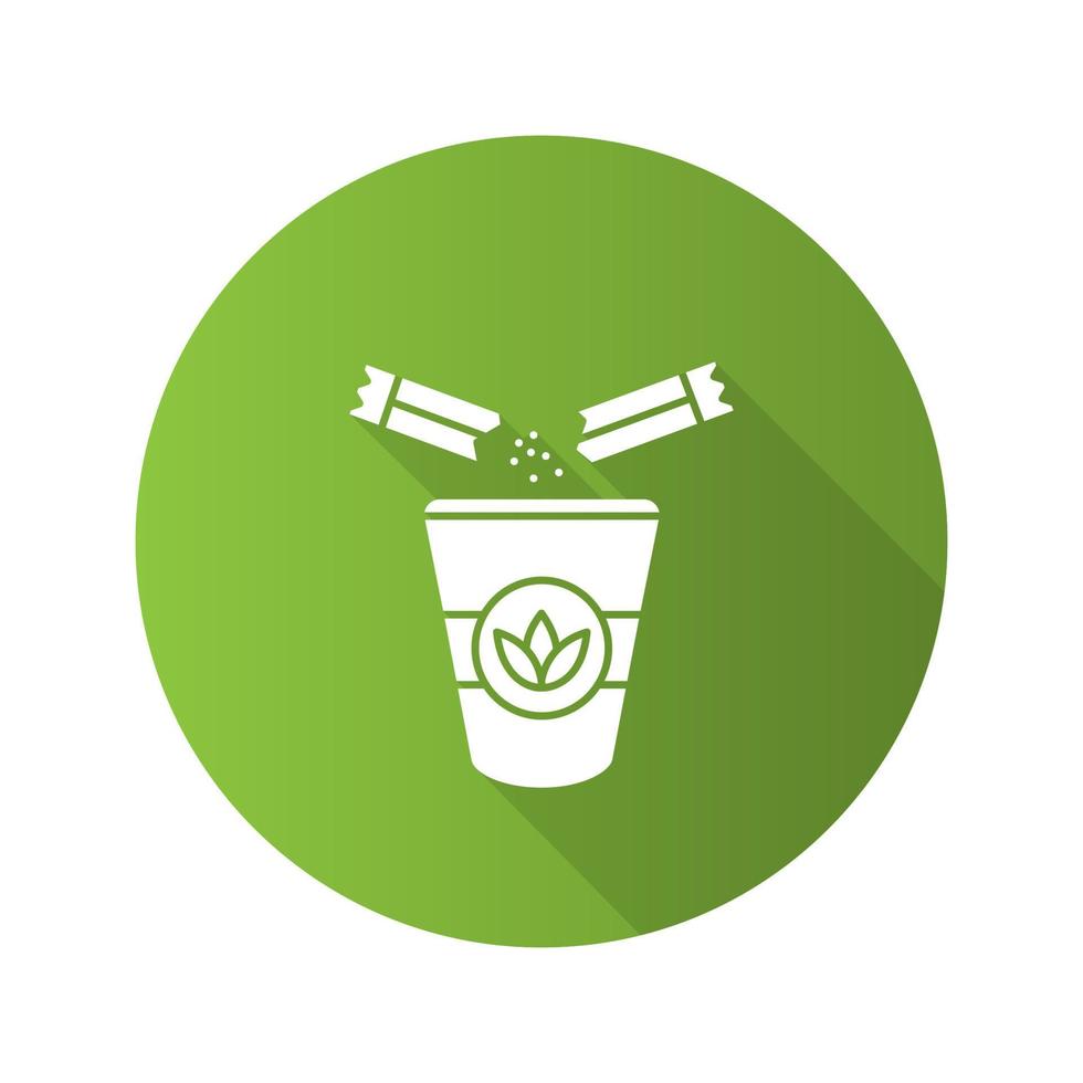 Adding sugar to tea flat design long shadow glyph icon. Disposable tea cup with sugar sachets. Vector silhouette illustration