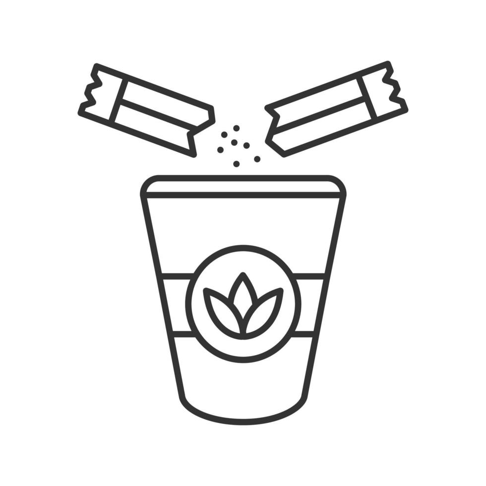 Adding sugar to tea linear icon. Thin line illustration. Disposable tea cup with sugar sachets. Contour symbol. Vector isolated outline illustration