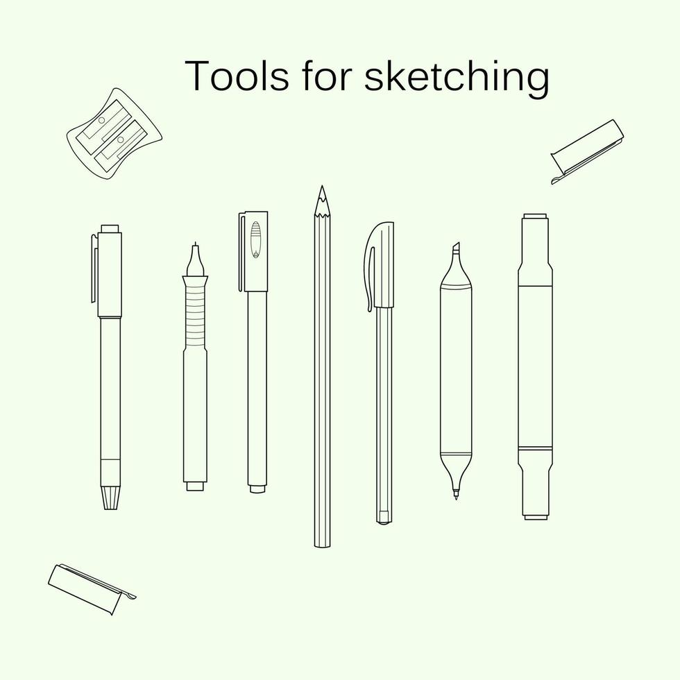 Set of tools for sketching. Marker, pencil, liner, white gel pen, highlighter, sharpener.Line art vector