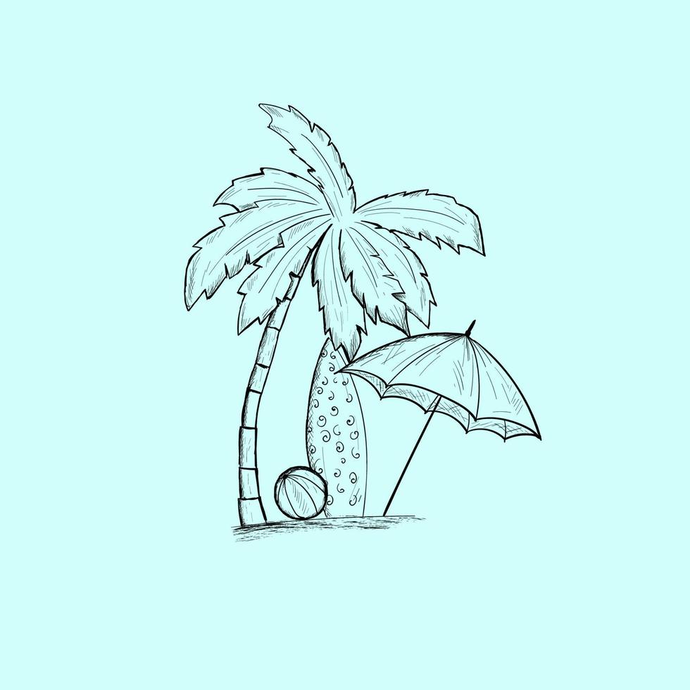 Travel vacation background. Palm, surfboard, ball, umbrella. vector