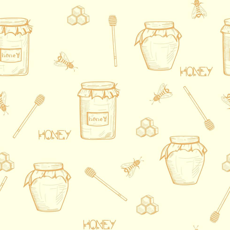 Seamless honey background with a jar of honey, a spoon for honey, honeycomb, bees vector