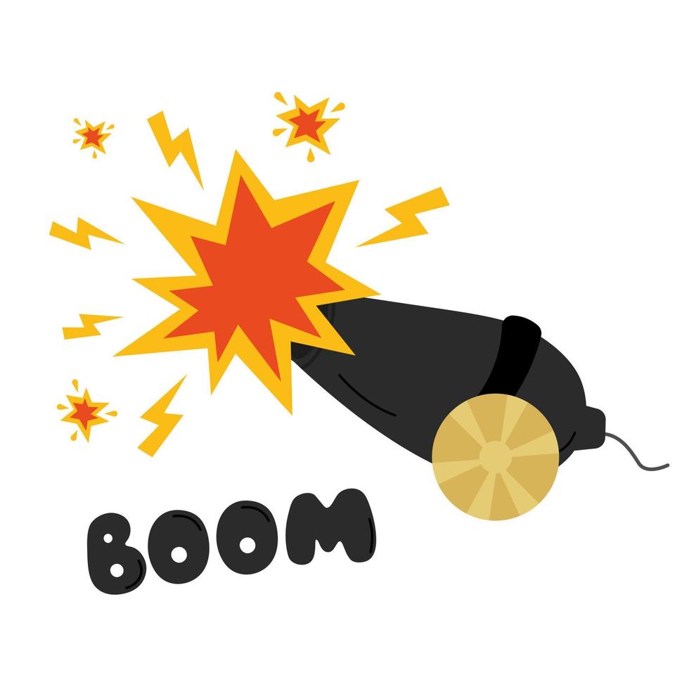 An explosion and a shot from a pirate cannon shell. Pirate cannon with bombs. Explosion. Boom. Vector illustration for a design on a white background