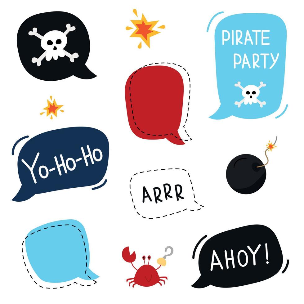 Speech bubbles with short phrases in a pirate style. A set of speech bubbles. Empty empty vector white speech bubbles. Cartoon word design on a balloon