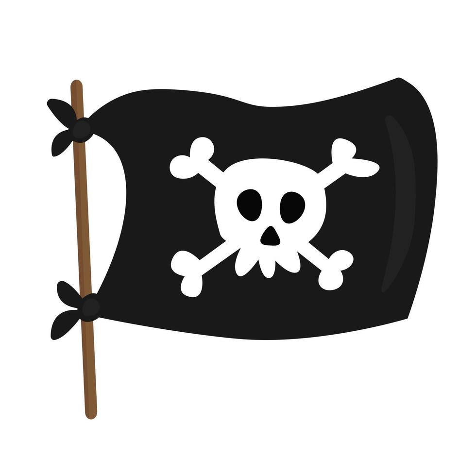 bandera pirata en estilo de dibujos animados sobre fondo blanco. bandera pirata negra en un palo ondea en el viento vector