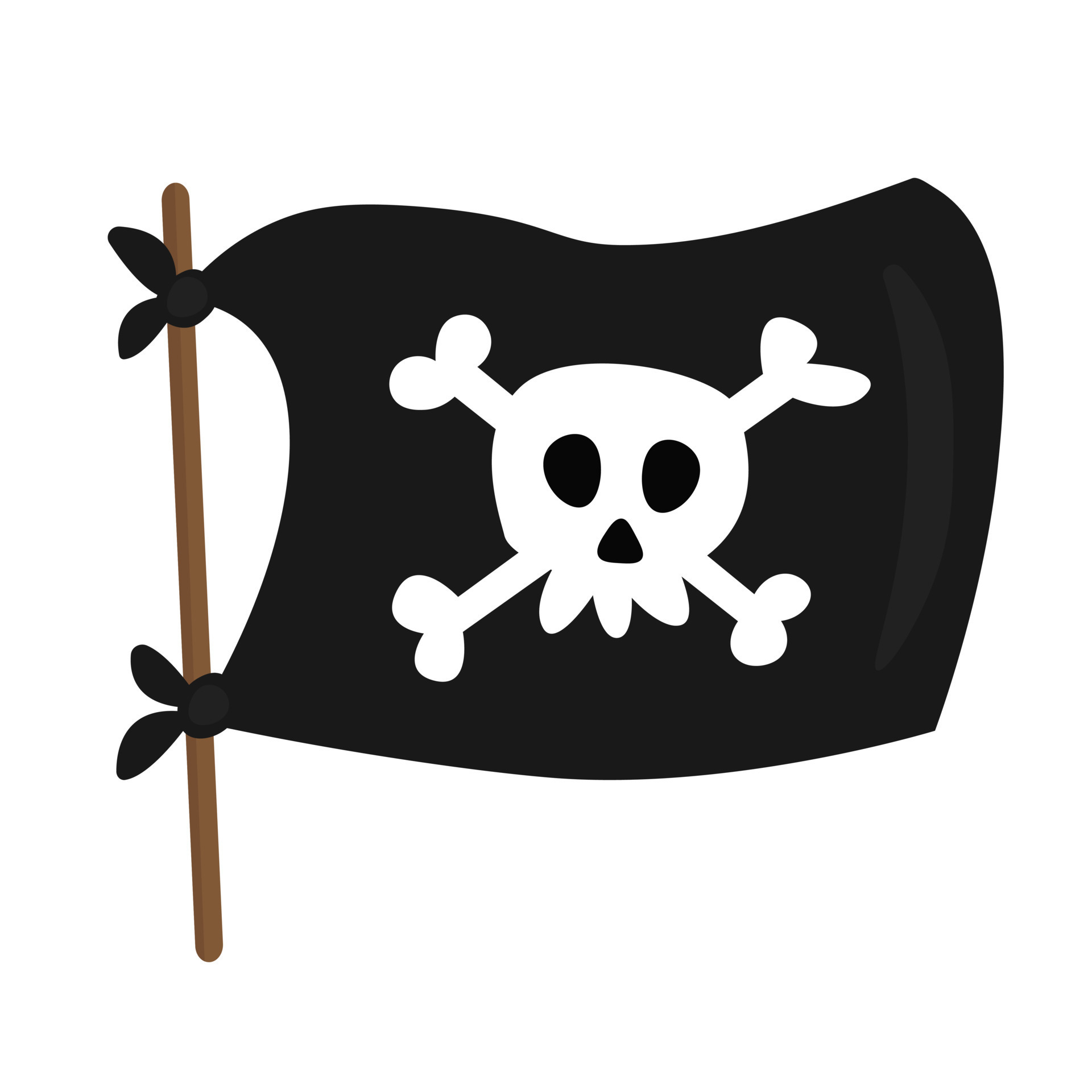 Pirate flag in cartoon style on white background. Black pirate flag on a  stick flutters in the wind 7215244 Vector Art at Vecteezy
