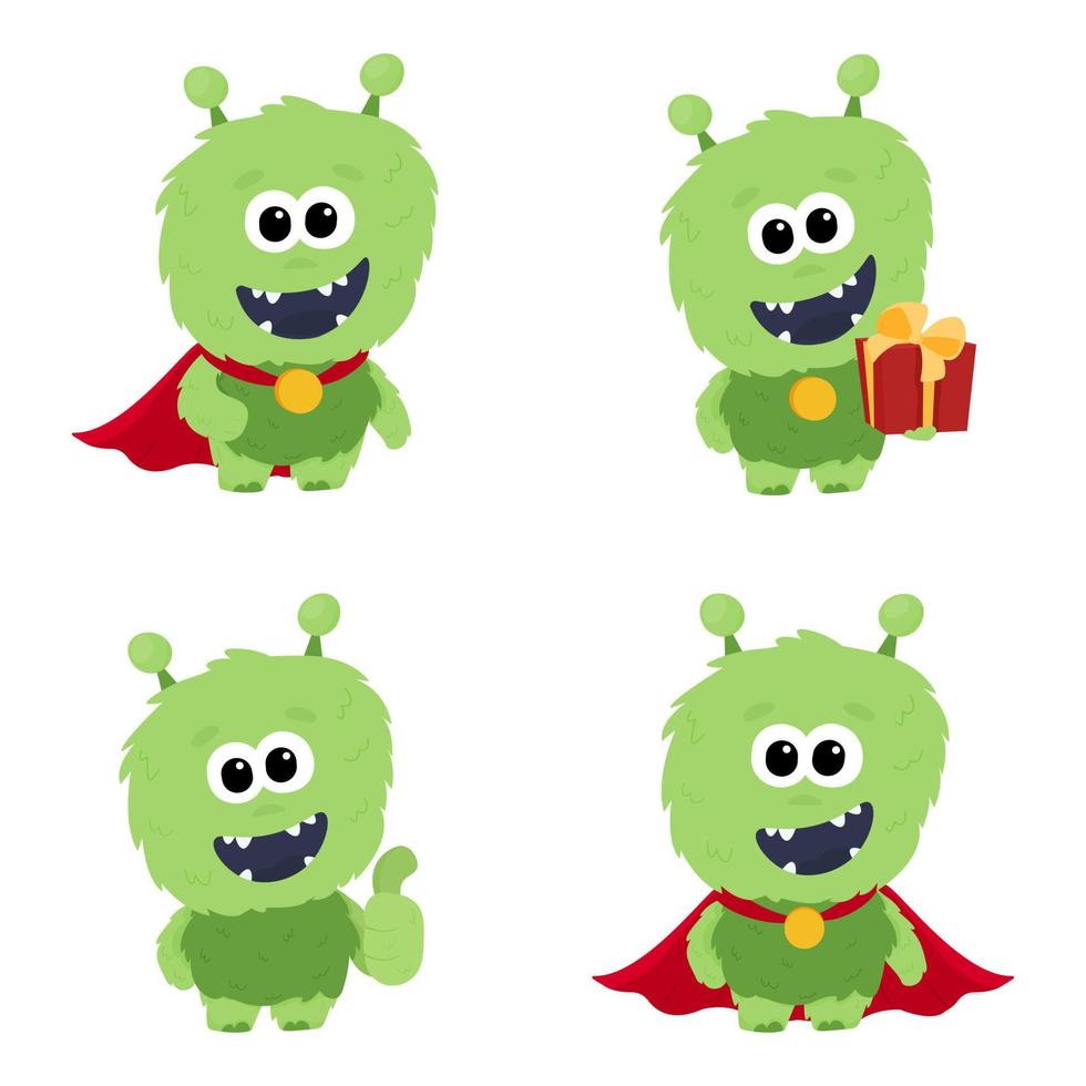 personaje de monstruo verde esponjoso en un impermeable en varias poses. conjunto de ilustraciones con un lindo monstruo verde en un impermeable vector