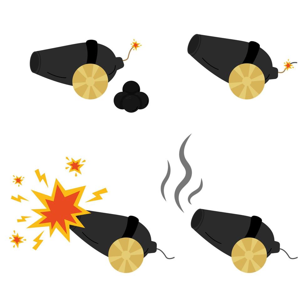 Pirate cannon set. An explosion and a shot from a pirate cannon shell. Boom vector illustration