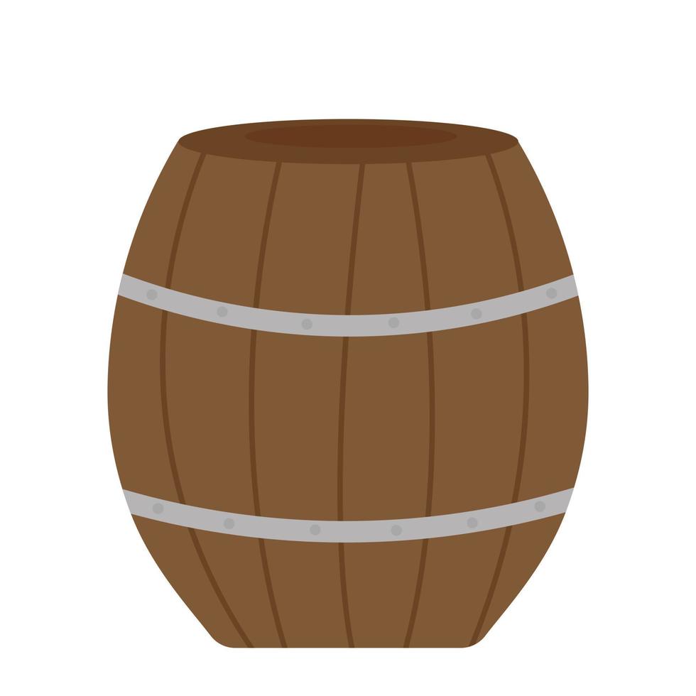Wooden barrel with metal rings on a white background. Wine barrel vector illustration.