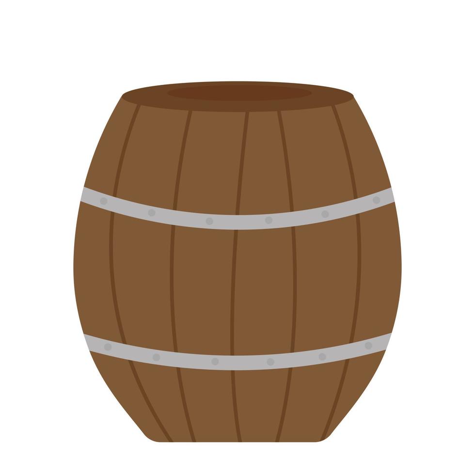 barril de madera con anillos de metal sobre un fondo blanco. Ilustración de vector de barril de vino.