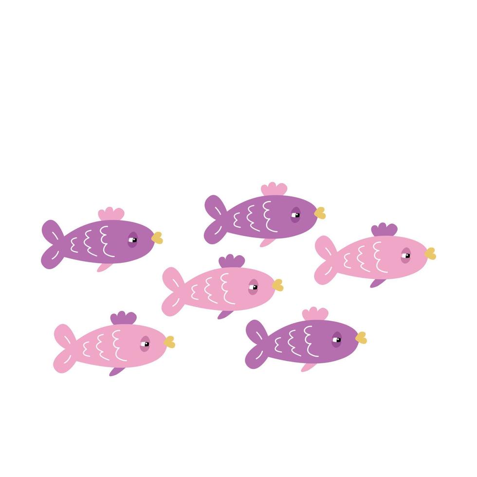 bandada de lindos peces de dibujos animados sobre un fondo blanco vector