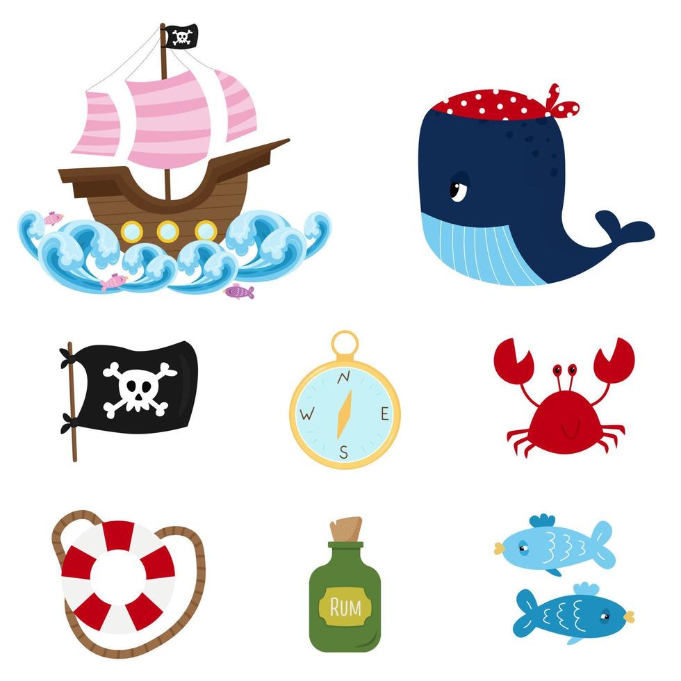 Cute pirate objects collection. Pirate whale, pirate ship and pirate-themed items. Vector illustration in a cartoon children's style. Isolated clipart on a white background