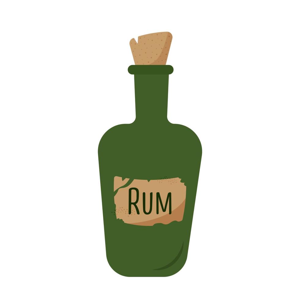 Green bottle of rum with a vintage worn label in a cartoon style. Pirates Drink vector