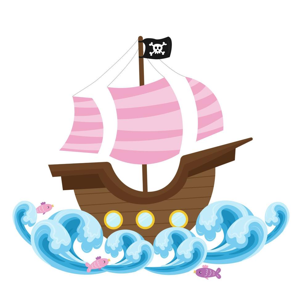 Pirate ship with pink sails on the waves with fish. vector