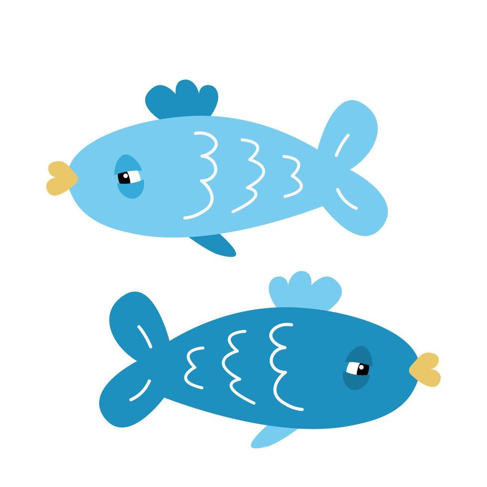 Two blue fish swimming in different directions on white background. Vector illustration in cartoon style. Zodiac sign
