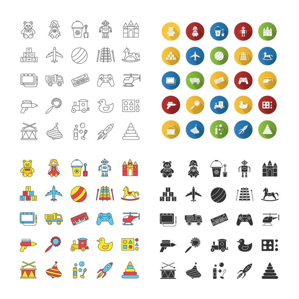 Kids toys icons set. Educational games. Children entertainment. Linear, flat design, color and glyph styles. isolated vector illustrations