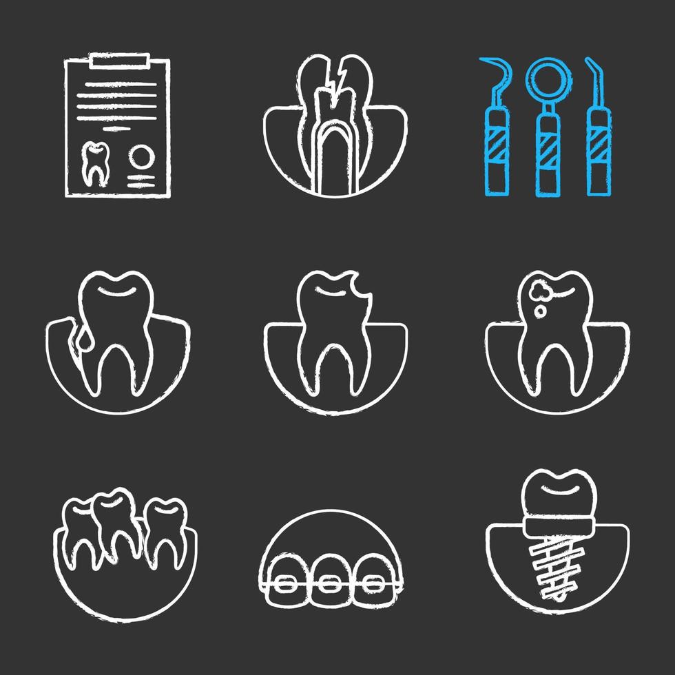 conjunto de iconos de tiza de odontología. informe médico, dolor de muelas, instrumentos dentales, gingivitis, diente roto, caries, implante, frenos, dientes torcidos. Ilustraciones de vector pizarra