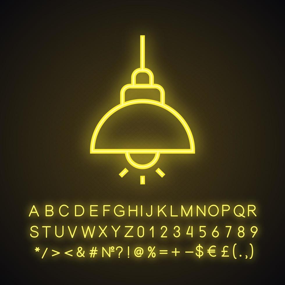 Ceiling lamp neon light icon. Glowing sign with alphabet, numbers and symbols. Vector isolated illustration