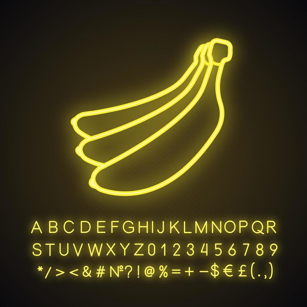 Bananas bunch neon light icon. Glowing sign with alphabet, numbers and symbols. Vector isolated illustration