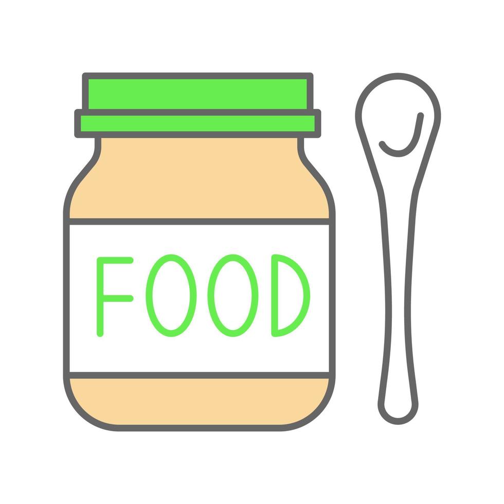 Baby food color icon. Healthy nutrition. Fruit puree jar with spoon