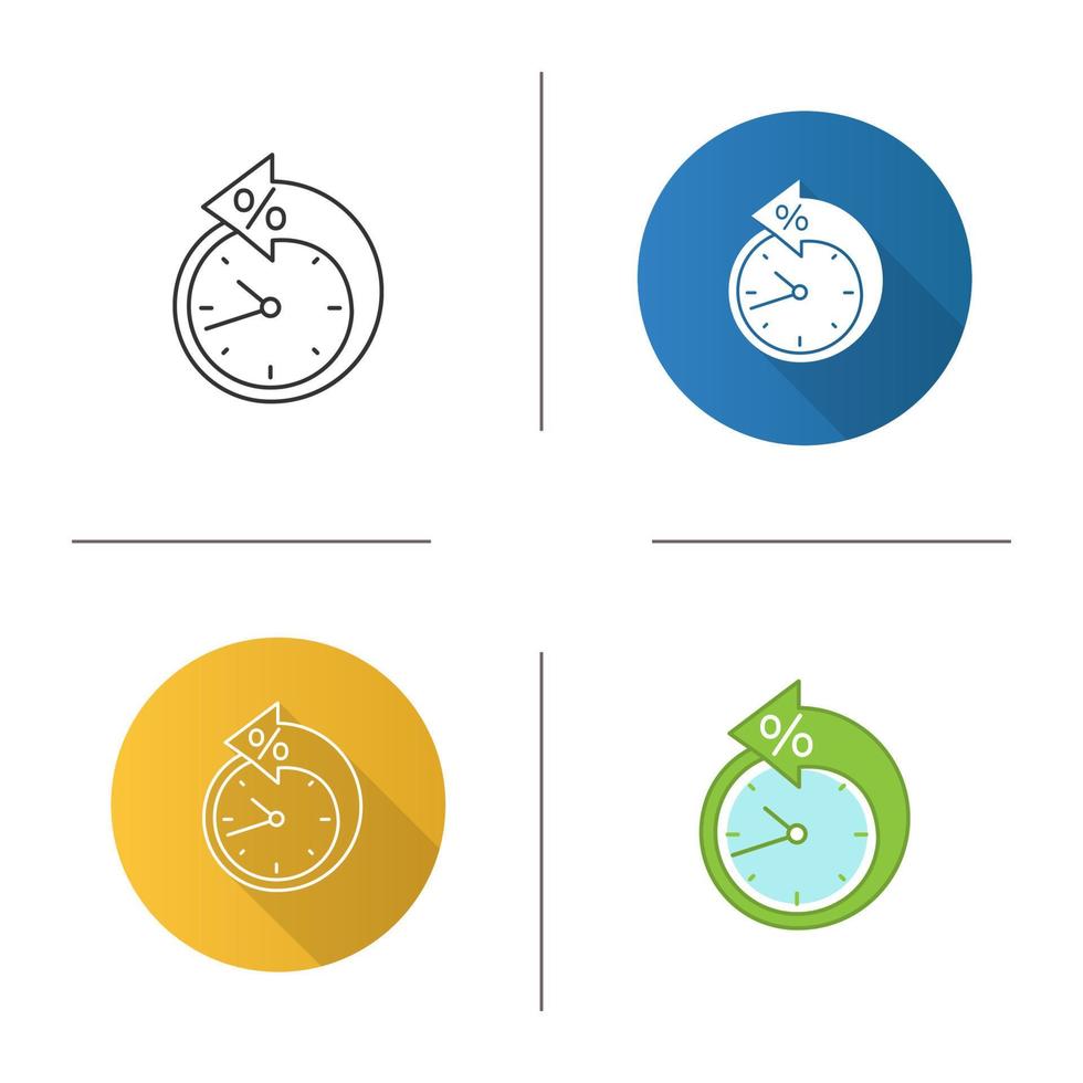 Back arrow around clock with percent icon. Counterclockwise. Debt reschedule. Payment terms. Flat design, linear and color styles. Isolated vector illustrations